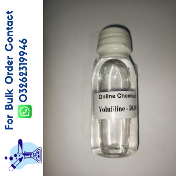Small clear plastic bottle labeled Online Chemical Volufiline 50ml with white screw cap on plain background