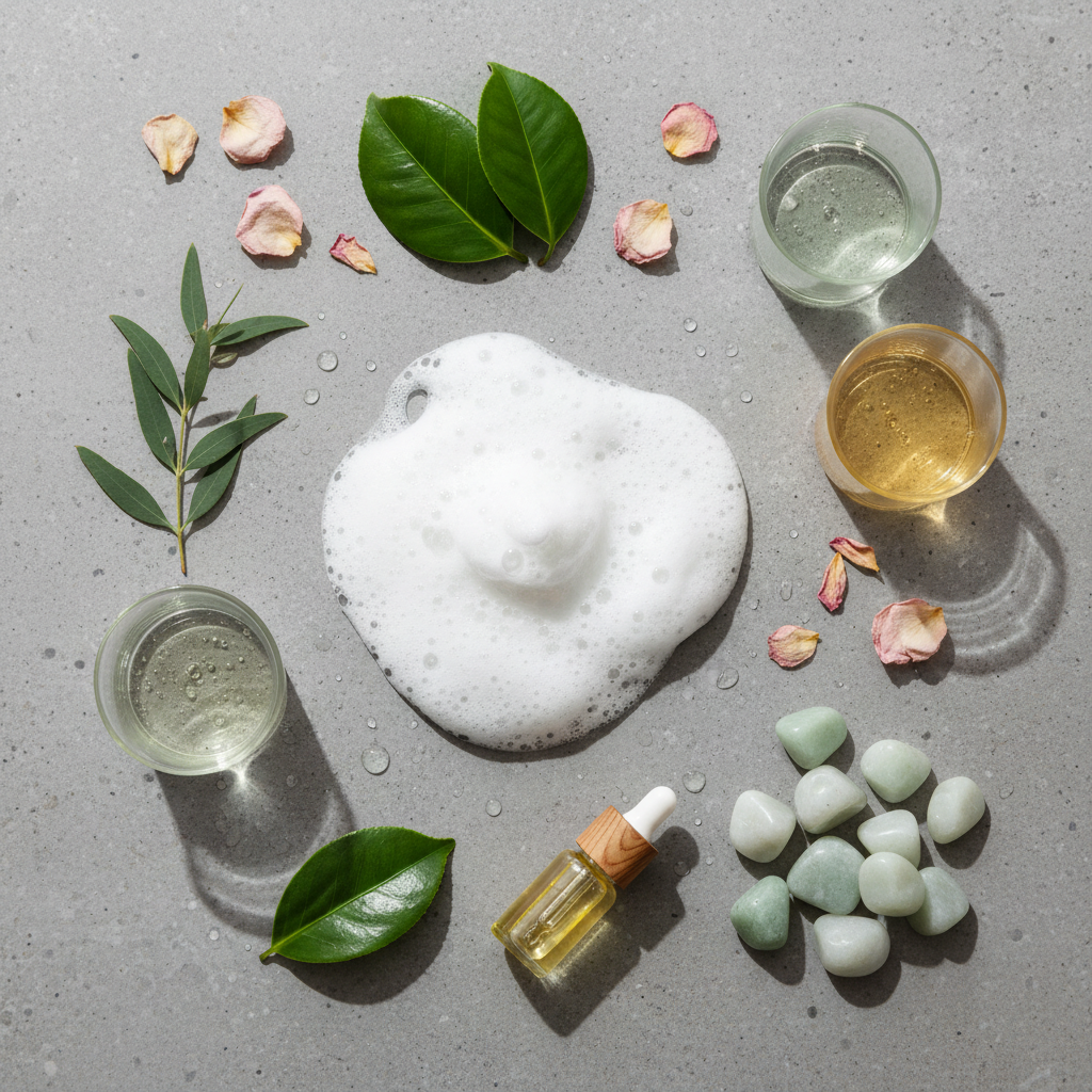 Various shampoo bottles, natural ingredients, flower, and foam on a gray surface, spa and hair care