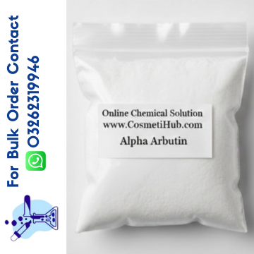 White powder in a clear bag with a label for Alpha Arbutin on a white background.