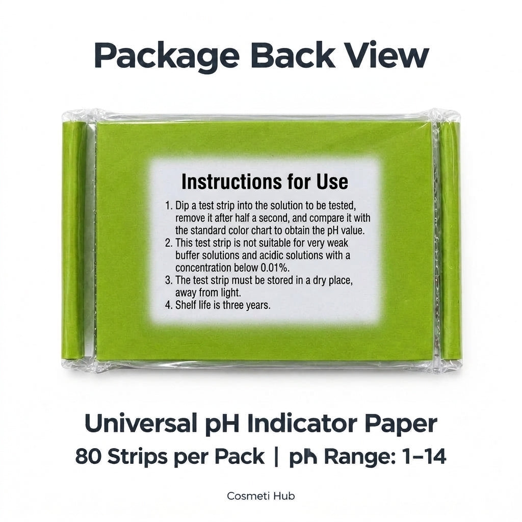 A package of universal pH indicator paper shown from the back, with a bright green label and clear plastic wrapping on a white background. Text above and below reads 'Package Back View' and 'Universal pH Indicator Paper, 80 Strips per Pack | pH Range: 1-14'.