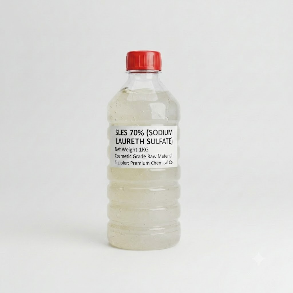 Bottle of SLES 70% with a red cap on a white background