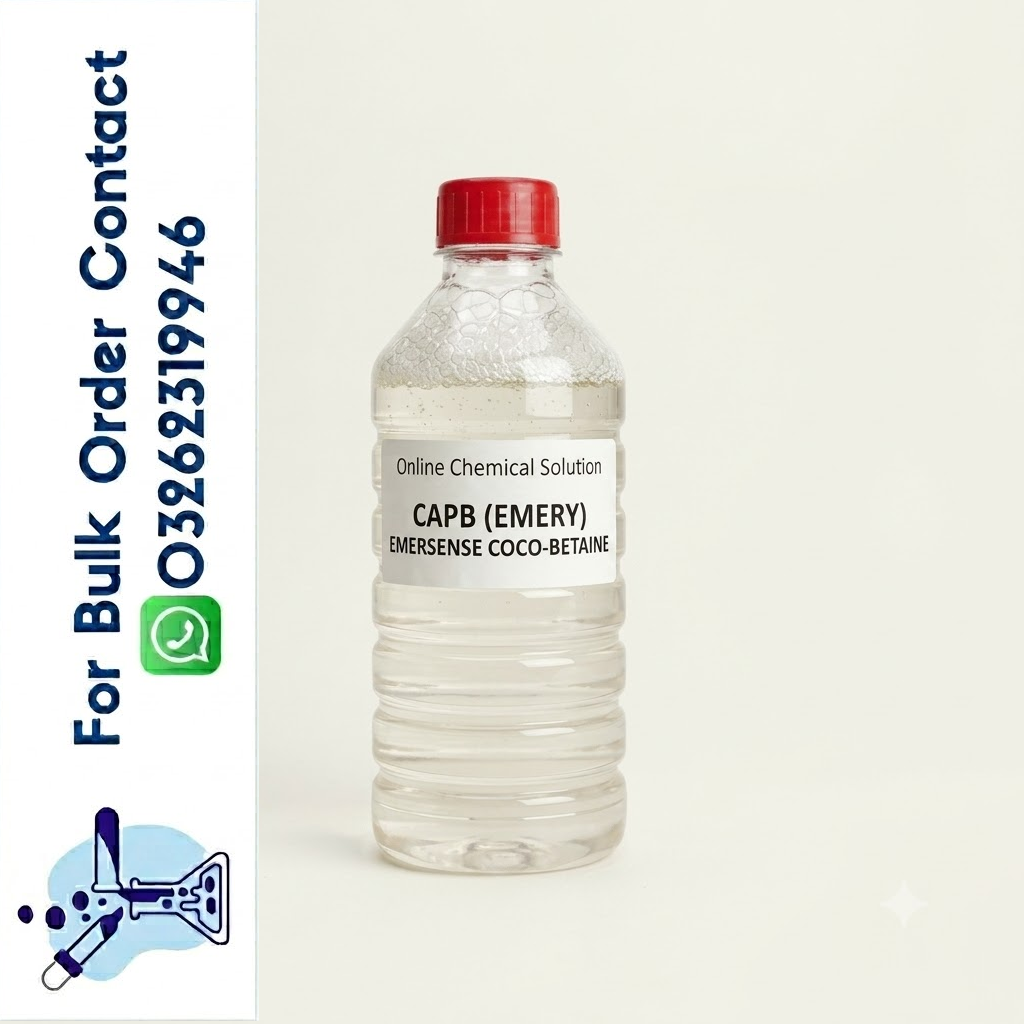 Bottle of CAPB (Emery) chemical solution with a red cap on a white background, contact information on the left.